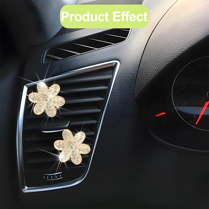 Osilly Bling Car Air Vent Clips, 4PCS/2Set Flower Rhinestone Vehicle Air Outlet Clamp, Sparkly Diamond Automotive Interior Vent Clip Charm Decor Accessories, Universal for SUV Truck RV (Golden)