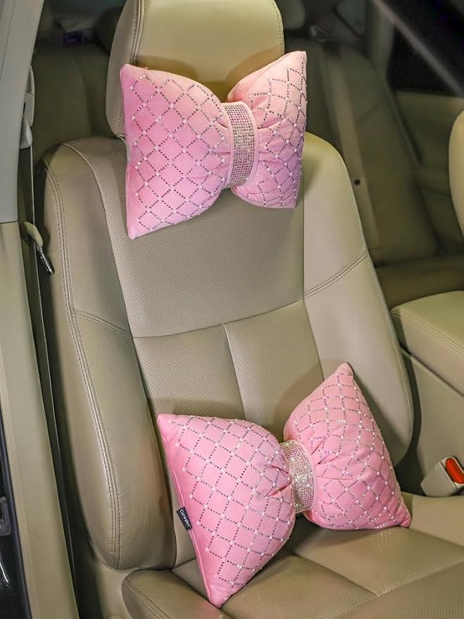 Carwales Pink Bow Lumbar Support Pillow for Car Accessory Women Girl Couch Cushion Decorative Back Pillow Bling Rhinestone Pearls 1 Pack