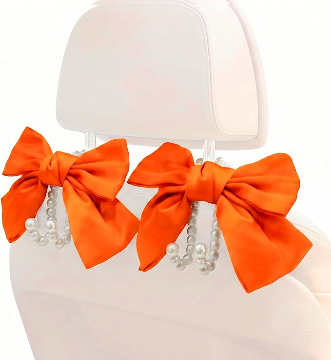 2PCS Satin Bow Pearl Car Seat Headrest Hooks β Car Bag Holder & Vehicle Hanger for Purses β Cute Coquette Aesthetic Interior Decoration β Cute Auto Organizer Accessories Universal (Orange)