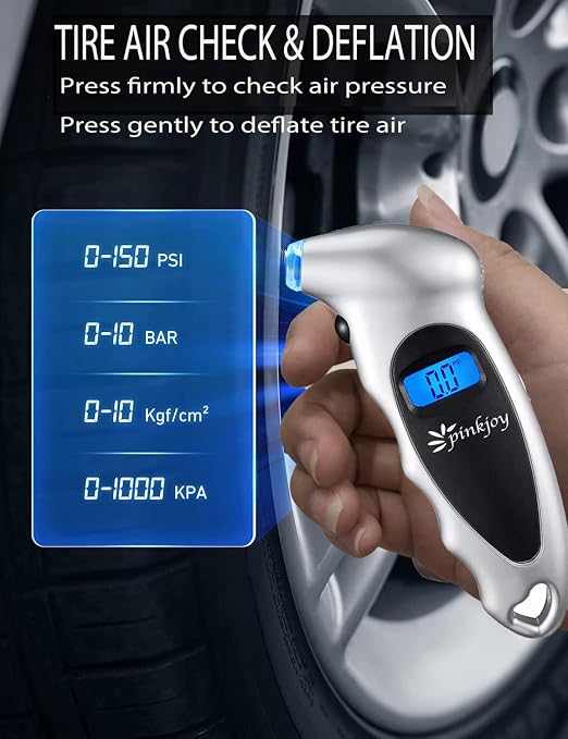 PINKJOY Digital Tire Pressure Gauge 150 PSI, 4 Settings, Tire Gauge for Car, Truck, Motorcycle, Bicycle with Backlit LCD and Non-Slip Grip (Silver)
