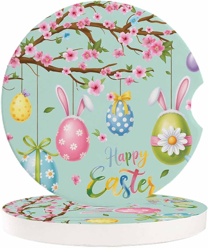 Small Car Coasters for Cup Holders 2.6" Dia Absorbent Coasters Set of 6 Car Interior Accessories for Women Men Easter Eggs Spring Bunny Ears Green Ceramic Car Coaster for Drinks with Finger Grooves
