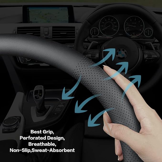 Car Steering Wheel Cover,Universal 15 Inch Premium Leather Car Steering Wheel Cover,Best Grip,Perforated Design,Breathable,Non-Slip,Sweat-Absorbent,Warm in Winter and Cool in Summer (Black)