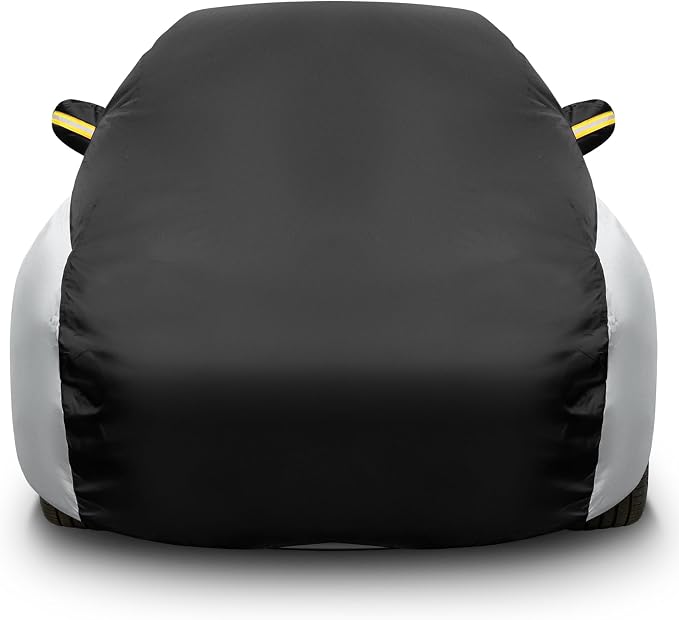 Riakrum Full Car Cover Waterproof All Weather for Automobiles Windproof Cover Rain UV Protection Sun Scratch Resistant Outdoor Universal(Fit Sedan Length (185-193'') 70'' H,Black, Silver)
