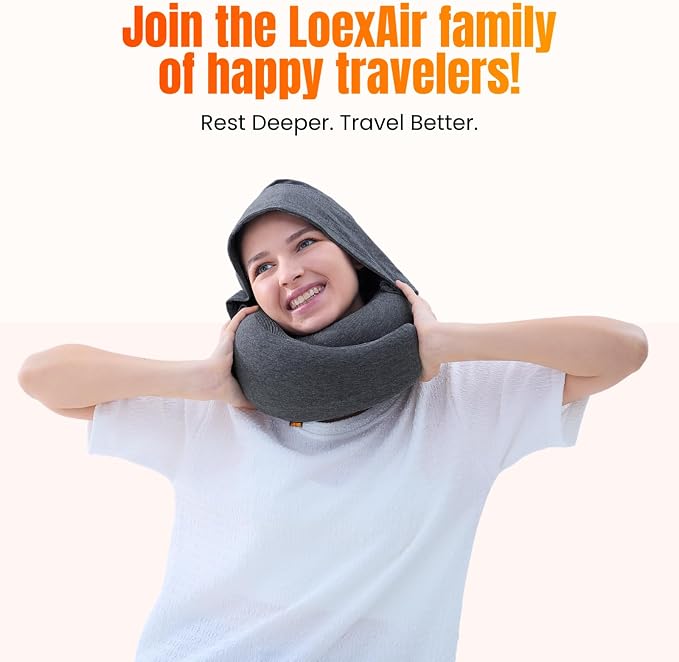 LOEXAIR⢠Hooded Pro Travel Pillow - Memory Foam Neck Support Pillow for Airplane, Flight - Super-Soft Pure Cotton Fabric, Maximum Privacy & Light-Block Design, Lightweight Full Travel Kit - Dark Grey