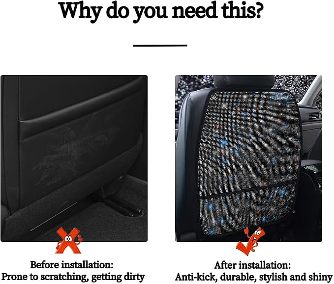 Diamond Bling Car Seat Kick Mats with Storage – Back Seat Protectors with Sparkly Rhinestones for Girls & Women, Crystal Kick Covers for Automotive Interior Accessories Black 2pcs