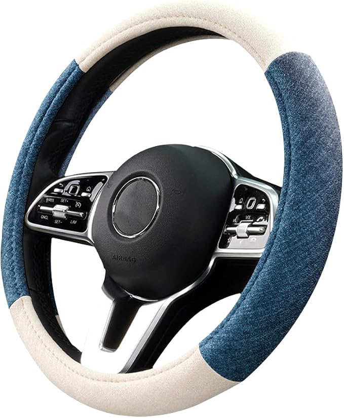 Car Steering Wheel Cover, Breathable Comfort Grip Vehicle Steering Wheel Wrap with Inner Ring, Automotive Interior Protective Accessories, Universal Fit (Blue White)