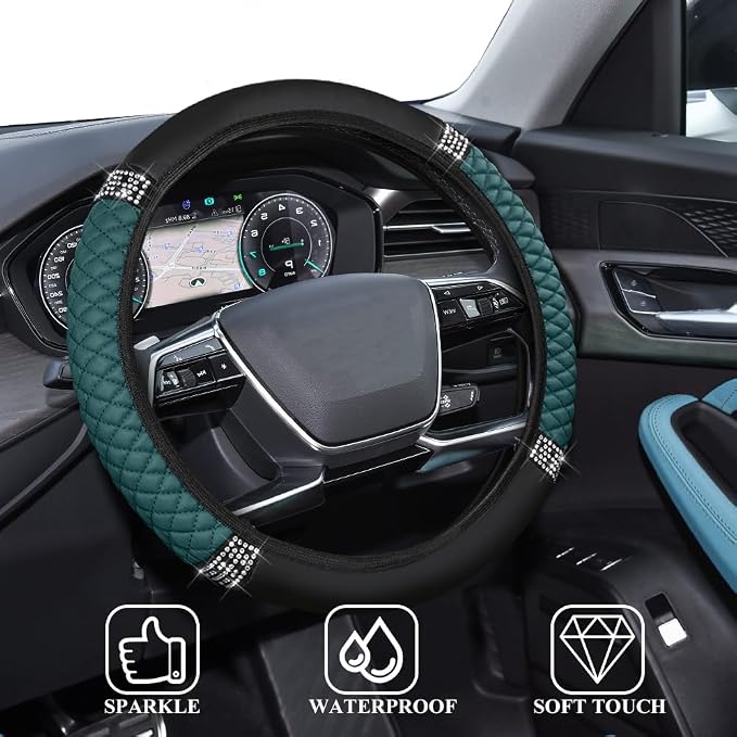 Bling Soft Leather Steering Wheel Cover, 15 Inch Colorful Rhinestones Auto Elastic Steering Wheel Protector for Women Girls, Car Accessories Anti Slip Steering Wheel Cover for Cars, SUVs (Dark Green)