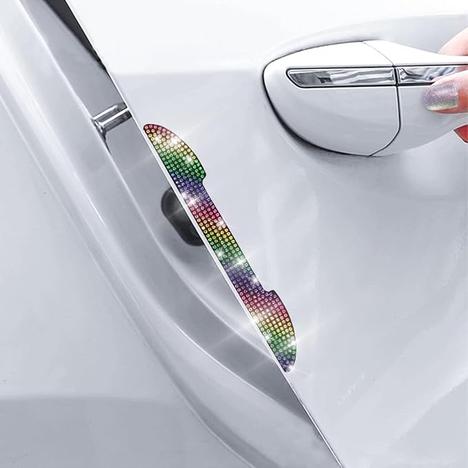 4PCS Bling Car Rear View Mirror Anti-Scratch Stickers Protector, Rhinestone Auto Door Handle Edge Guards, Crystal Anti-Collision Strip Decal, Car Exterior Decoration Accessories for Women Men (Color)