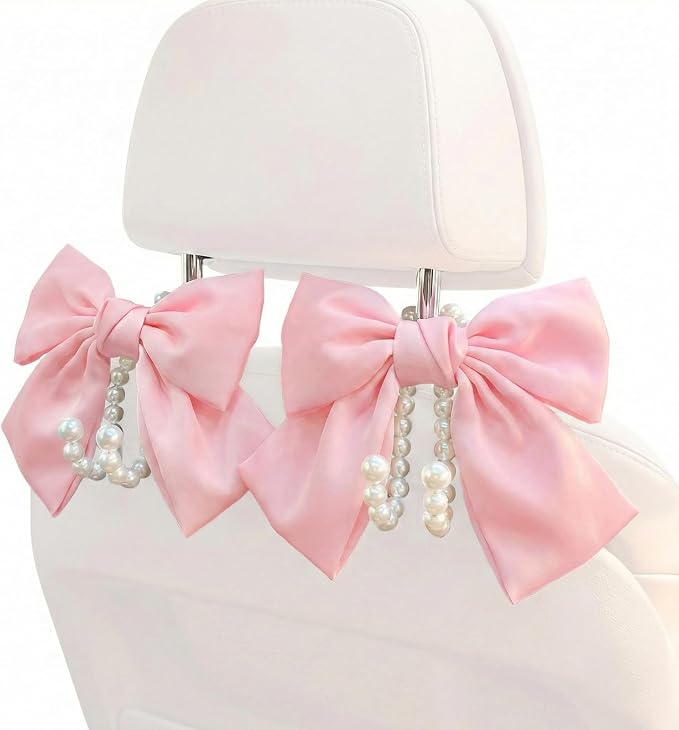 2PCS Satin Bow Pearl Car Seat Headrest Hooks β Car Bag Holder & Vehicle Hanger for Purses β Cute Coquette Aesthetic Interior Decoration β Cute Auto Organizer Accessories Universal (Pink)