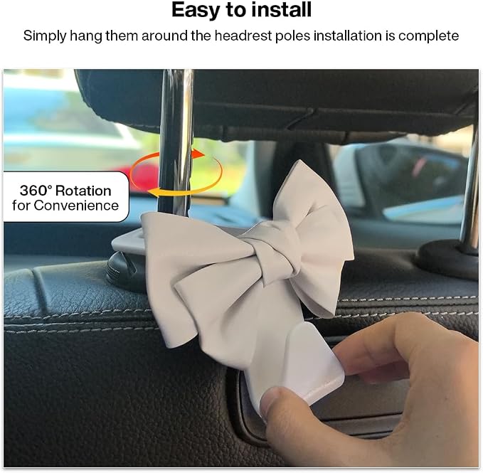2-Pack Car Seat Headrest Hooks, Handbag Hangers, White leather | Storage organizer for handbags, clothes, coats and grocery bags; practical interior accessory for most cars and SUVs