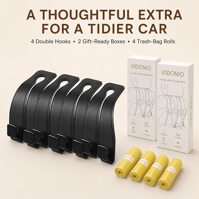 vidonio Car Headrest Hooks, 4 Pack 360° Rotating Double Hooks with Leather-Wrapped Metal Core, Heavy Duty Seat Back Purse Holder for Handbags, Grocery Bags and Backpacks, Black