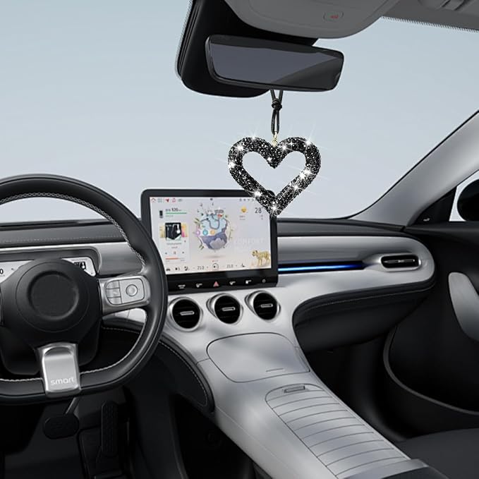Mandark Bling Heart Car Hanging Accessories, Crystal Rhinestone Vehicle Rear View Mirror Charm Pendant Ornaments, Cute Diamond Auto Interior Hanger Decoration for Women Girls(Black)