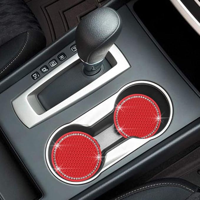 SUNCARACCL Bling Car Coasters Car Cup Holder Coaster, 2 Pack Universal Bling Vehicle Insert (2.75" Diameter), Crystal Rhinestone Car Interior Accessories (Red)