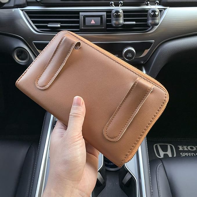 Sun Visor Tissue Holder, PU Leather Backseat Napkin Case for Car Vehicle with Zipper (Brown)