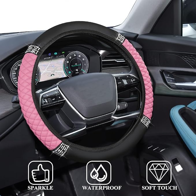 Bling Soft Leather Steering Wheel Cover, 15 Inch Colorful Rhinestones Auto Elastic Steering Wheel Protector for Women Girls, Car Accessories Anti Slip Steering Wheel Cover for Cars, SUVs (Pink)