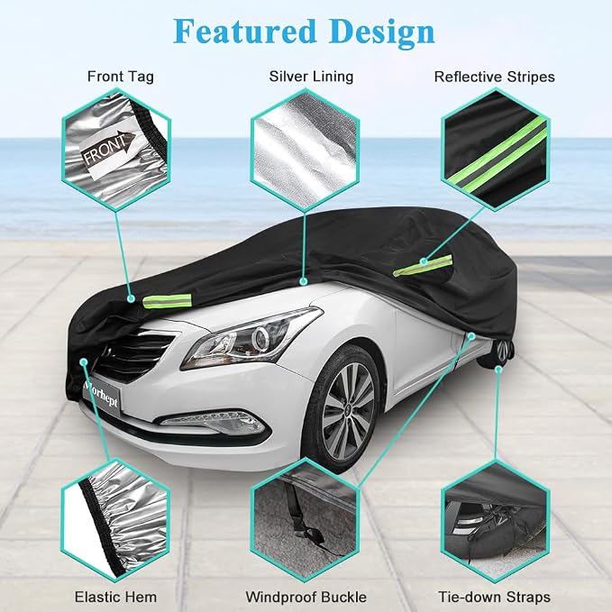 Car Cover Waterproof All Weather for Automobiles, Outdoor Full Exterior Covers for Sedan Black(Suggest Car Length from 194"-208")