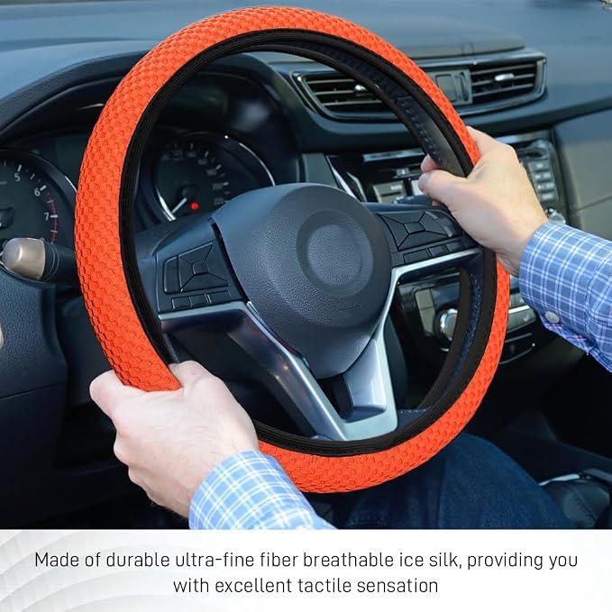 Elastic Stretch Steering Wheel Cover, Steering Wheel Protector, 15 Inch Anti-Slip Breathable Microfiber Ice Silk Protection, Easy Carry, Warm in Winter & Cool in Summer for Cars (Orange)