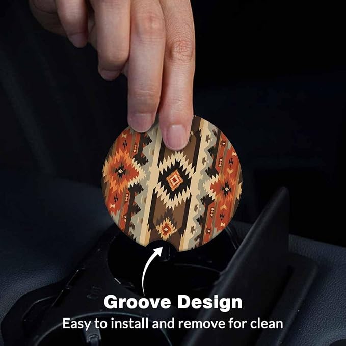 Geometric Pattern Car Coasters for Cup Holders American Style Aztec Car Cup Holder Coasters 2 Pack for Car, Anti Slip Ceramic Car Cup Mat with Finger Notch Cute Car Interior Accessories for Women Men