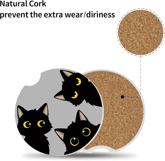 Cute Black Cats Ceramic Cup Holders Car Coasters Set for Women/Men,Drink Cup Car Holder Coasters with A Finger Notch 2.56" Pack of 2.