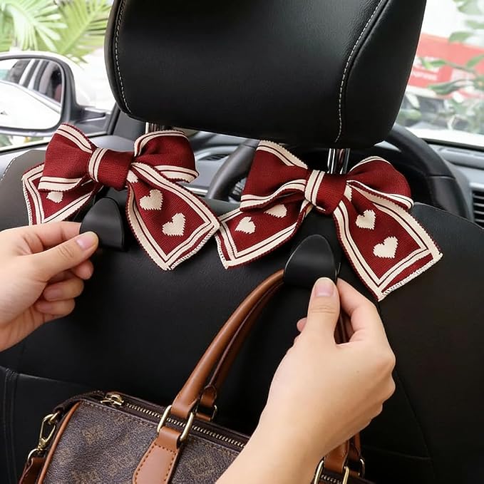 2PCS Car Seat Headrest Hooks, Car Purse Hook, Cute Bow Knot Vehicle Seatback Hanging Storage Organizer, Auto Seatback Decor Organizer Hanger for SUV Truck (Red/White)