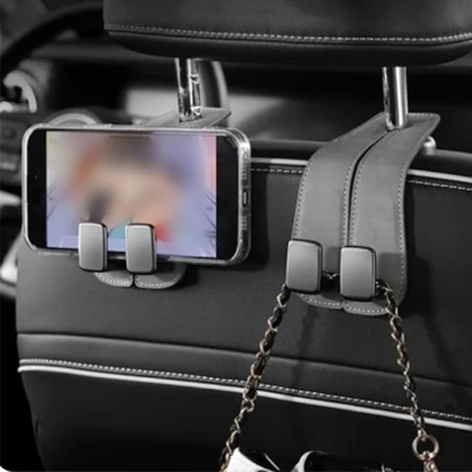 2 Pack Leather Car Headrest Hooks Grey Purse Bag Storage Holders for Car Seats