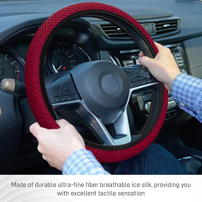 Elastic Stretch Steering Wheel Cover, Steering Wheel Protector, 15 Inch Anti-Slip Breathable Microfiber Ice Silk Protection, Easy Carry, Warm in Winter & Cool in Summer for Cars (Wine Red)