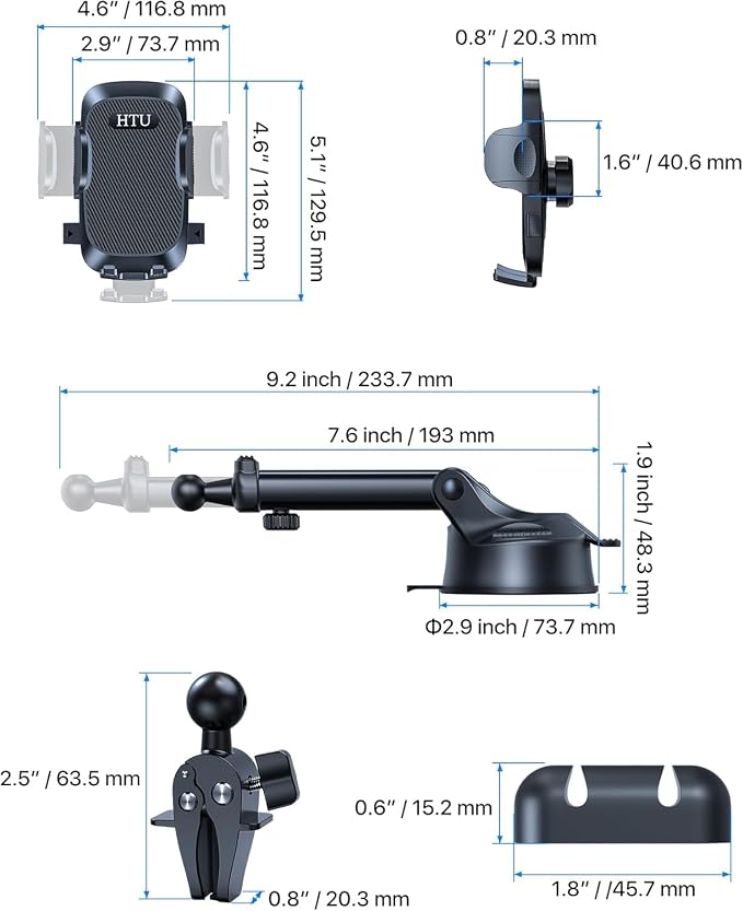 HTU Car Phone Holderใ2026 Upgraded 100+LBS Suction & Safety Certใ Cell Phone Car Mount for Truck Heavy Duty Phone Holder for Dashboard/Windshield/Vent for iPhone 17 16 Pro Max, Dark Black
