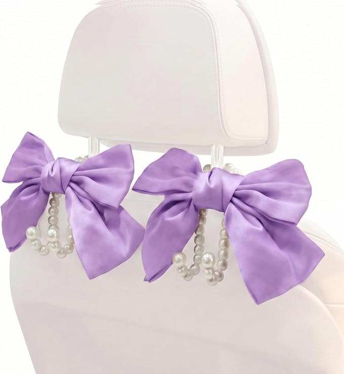 2PCS Satin Bow Pearl Car Seat Headrest Hooks β Car Bag Holder & Vehicle Hanger for Purses β Cute Coquette Aesthetic Interior Decoration β Cute Auto Organizer Accessories Universal (Lavender Purple)