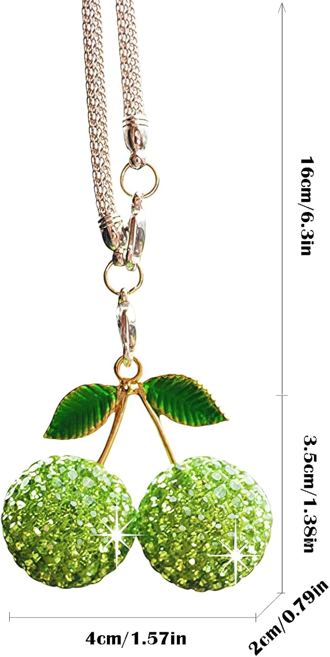Bling Cherry Car Hanging Ornament, Cute Crystal Rear View Mirror Pendant, Sparkly Diamond Rearview Mirror Charms, Lucky Car Interior Decor Accessories (Green)