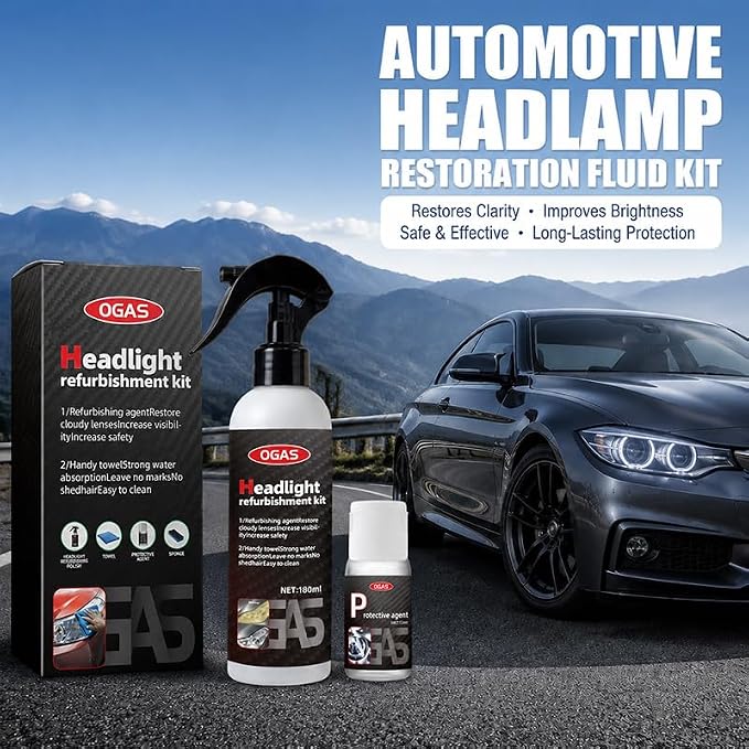 Headlight Restoration Polish Kit with Sponge and Towel, Car Headlamp Cleansing and Clarifying Cream for Cloudy Yellowed Lenses, Complete Auto Light Care Set, 6.08 fl.oz