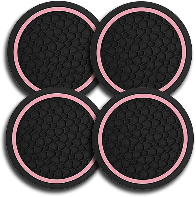 Car Cup Holder Coasters, Dustproof Automotive Interior Accessories Mat,2.75 Inch Non-Slip Insert Water Bottle Holder Pads, Universal for Vehicles, Trucks, RVs and More (Black/Pink, 4PCS)