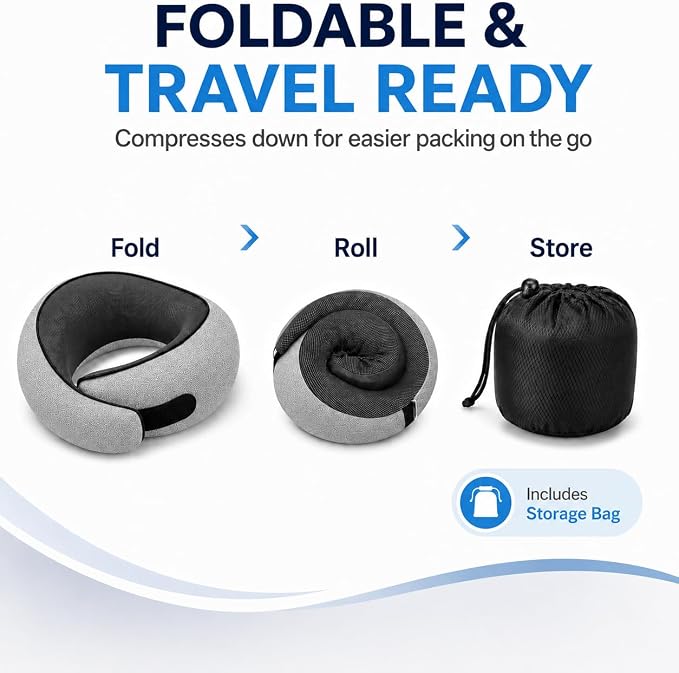 Travel Pillow for Airplane, Memory Foam Neck Pillow for Travel with Chin Support, Washable Cover & Storage Bag, Ergonomic 360° Neck Support for Long Flights, Car, Office, Home, Max Grey