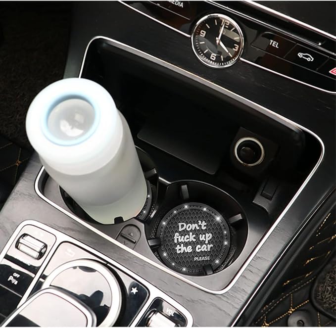 2 Pack Bling Car Coasters for Cup Holder, Crystal Rhinestone 2.75 in Cup Holder Coaster, Silicone Anti-Slip Insert Cup Mats for Women, Interior Accessories Universal for Most Cars (Deep Gray)
