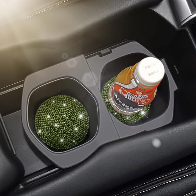 Osilly Bling Car Cup Holder Coaster, 2 Pack Crystal Rhinestone Anti-Slip Insert Coasters, Universal 2.75 Inch Fashion Automotive Cup Mat, Car Interior Accessories Decor Gifts for Women (Yellow/Green