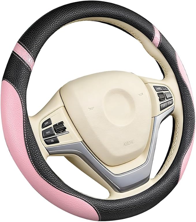 Car Steering Wheel Cover, Leather Anti-Slip Stretch Breathable Vehicle Steering Wheel Protector, Automotive Interior Protection Accessories for Men Women, Universal Fit (Black/Pink)