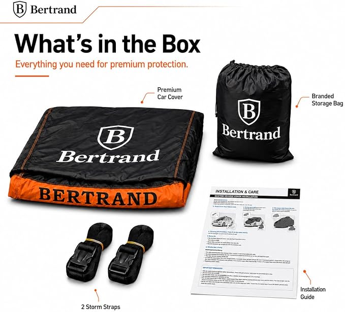 BERTRAND Heavy Duty SUV Car Cover Waterproof All Weather - Snow, Rain & UV Outdoor Protection | Cotton-Lined, Up to 8-Point Anchoring + Zipper Access | Extra Large SUVs, Black-Orange (207x77, S3)
