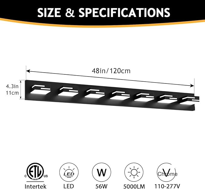 LED Modern Bathroom Vanity Light Fixtures, Dimmable Matte Black Vanity Lights for Bathroom Lighting Fixtures Over Mirror, with 360° Rotatable Acrylic Heads 7-Light 48-inch 5CCT