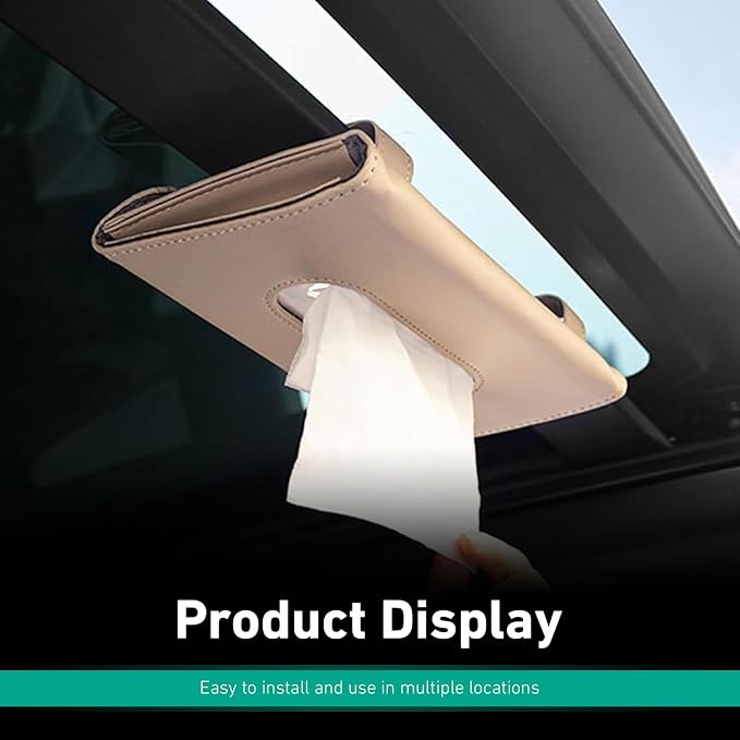 Car Tissue Holder, Premium PU Leather Sun Visor Napkin Holder, Universal Sun Visor Mount Tissue Box for SUV Truck Vehicle Interior, Easy to Use (Beige)
