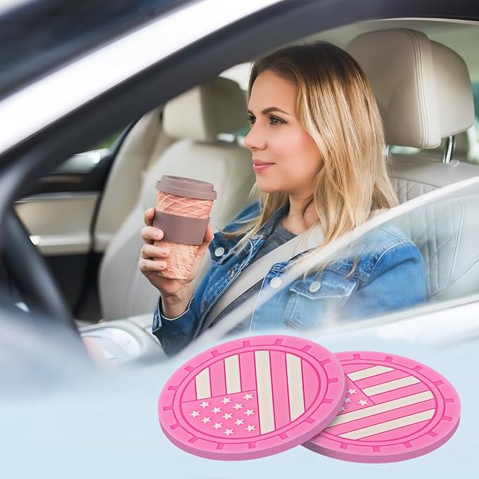 Osilly Car Cup Holder Coasters, 4 Pack American Flag Insert Car Cup Coaster, 2.75 Inch PVC Anti Slip Shockproof Embedded Drink Mat, Car Interior Decoration Accessories for SUV, Truck (Pink)