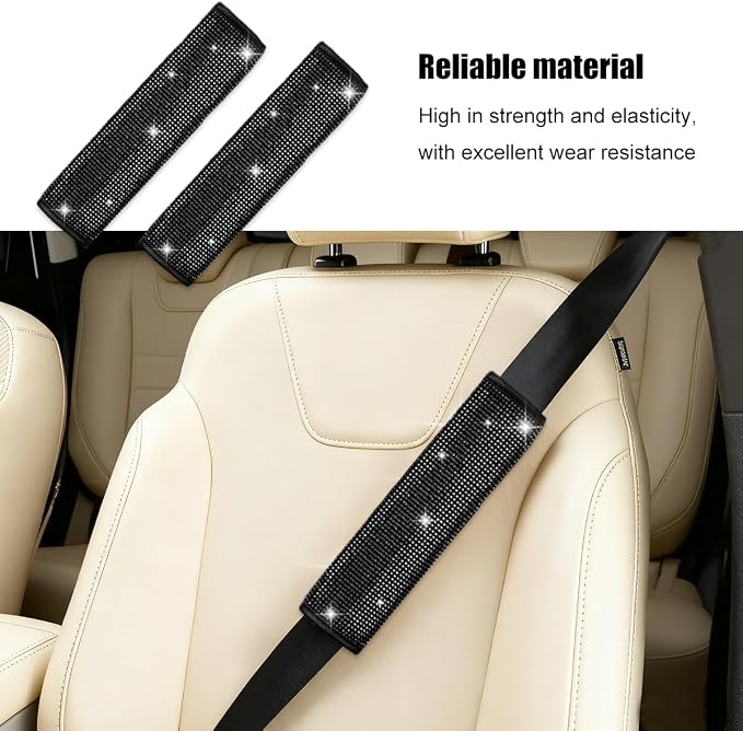8PCS Bling Car Accessories Set, Sparkly Rhinestone Vehicle Steering Wheel Seat Belt Gear Shift Start Stop Button Cover, Diamond Auto Cup Holder Coaster Decoration, Universal Fit (Black)