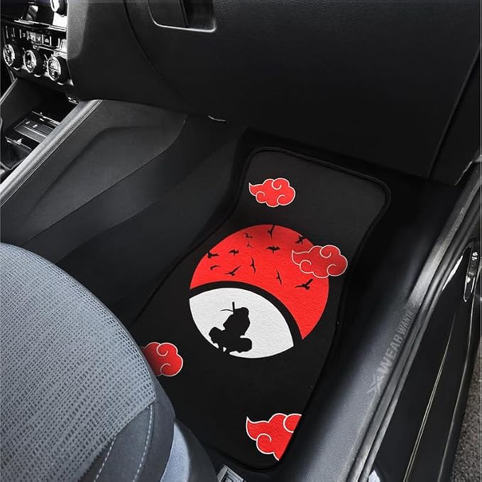 Anime Car Carpet Mat Set of 2 Front, Black Uchha Design Automotive Accessories Interior All Weather Floor Mats Decor with Non Slip Black Anti Skid Backing