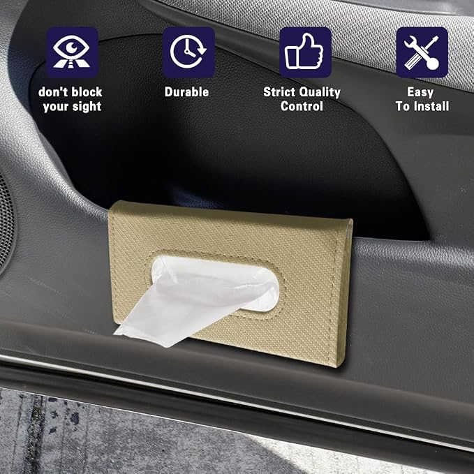 Car Visor Tissue Holder, Tissue Box Holder for Car, Leather Auto Sun Visor Napkin Case Mask Dispenser, Automotive Accessories Rectangular Hanging Auto Napkin Box Fit for Most Vehicles (Beige)