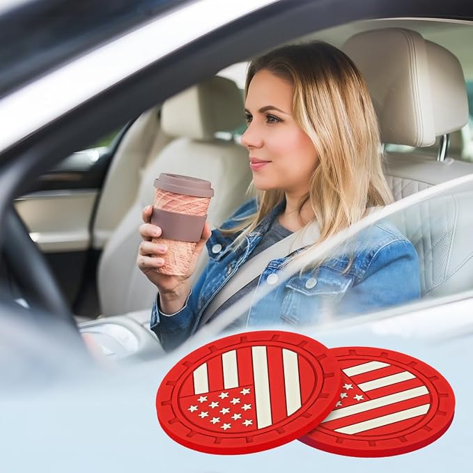 AUCELI 4 Pack Car Cup Holder Coasters, Colored American Flag US Flag Insert Car Cup Coaster, 2.75 Inch Anti Slip Shockproof Embedded Drink Mat, Vehicle Interior Decor Accessories