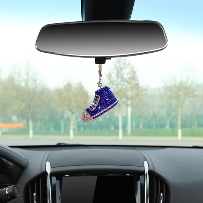Bling Sneaker Shoe Sparkly Car Hanging Ornament, Cute Crystal Rear View Mirror Pendant, Diamond Rearview Mirror Charms, Lucky Car Interior Decor Accessories (Blue)
