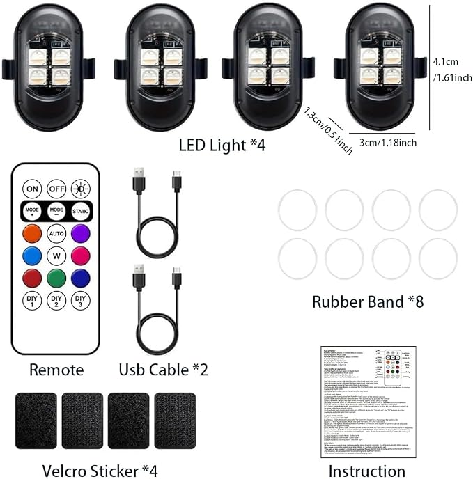 Upgraded 4PCS Mini Car Wireless LED Strobe Lights with Remote Control Wireless LED Lights for Car Motorcycle Bicycle Bike USB Rechargeable 8-Color Car Ambient Lighting Car Led Lights Interior