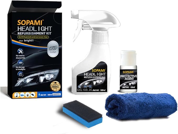 SOPAMI Car Headlight Restoration Kit Headlight Cleaner | Restores Clear Yellowed Car Plastic and Protects from Re-Oxidation Includes coating agent and towel, sponge wipe