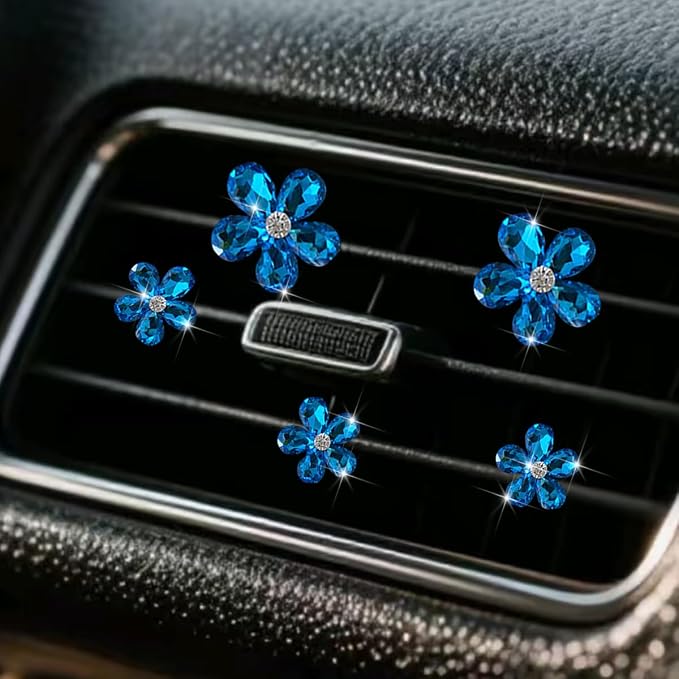 Zpana Bling Daisy Flower Car Air Vent Clips, 5PCS Sparkling Crystal Rhinestone Cute Vehicle Air Conditioning Clamp, Diamond Auto Air Outlet Clip Decor for Women Girls, Universal Fit (Blue)