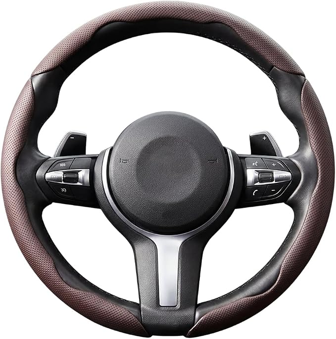 3PCS Car Steering Wheel Cover, 14.5-15" Breathable Nappa Leather Segmented Steering Wheel Protector with Non-Slip Grip, Stylish Auto Decor Accessories, Universal for Vehicles (Dark Brown)