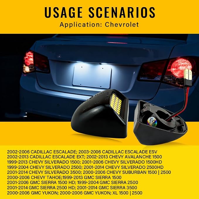 LED License Plate Lights Compatible with Chevy Silverado 1500 2500HD 3500HD, Avalanche, Suburban, Tahoe, GMC Sierra, Yukon, Cadillac Escalade,48-SMD 6500K Super White (UpgradeWhite)