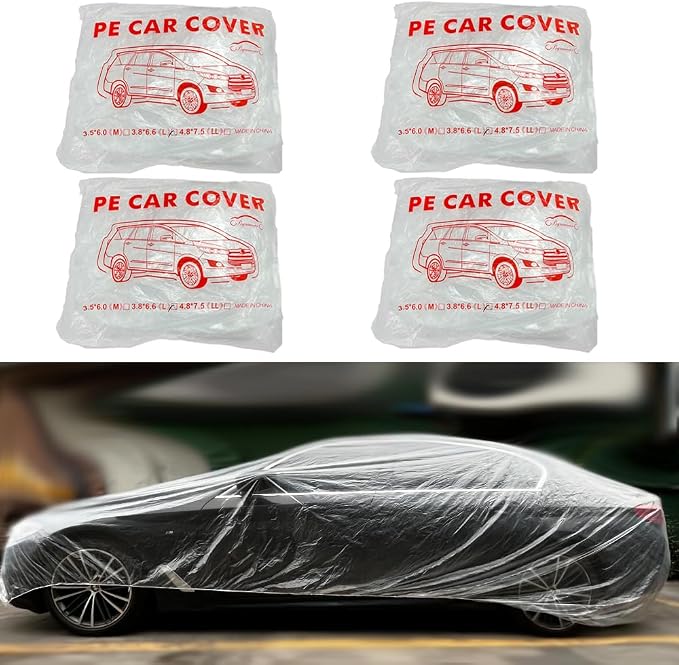 4 Packs Disposable Car Cover Clear Plastic Car Cover Universal Rain Dust Garage Cover with Elastic Band Medium (12.4 FT x 21.6 FT)